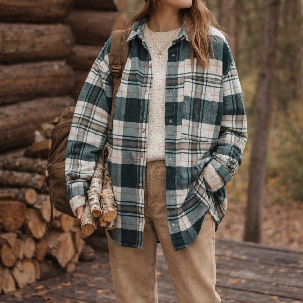 Abercrombie & Fitch Women XXS  Oversized  Green White Plaid Flannel Top Shirt